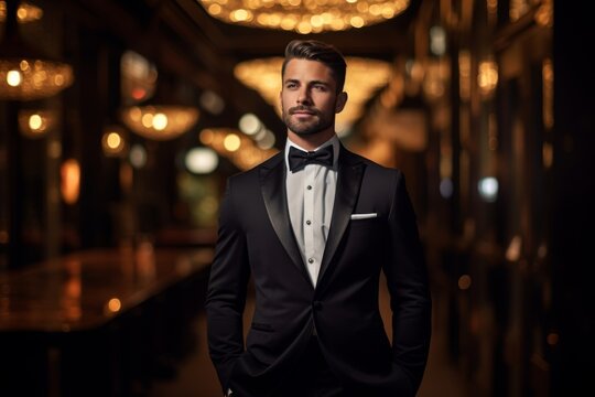 A Sophisticated Gentleman Contemplates Choices of Elegance at the Entrance of a Luxury Tuxedo Rental Boutique Under the Soft Glow of Evening Lights
