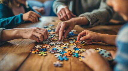 Multiple hands of different ages collaborate on assembling a colorful jigsaw puzzle on a wooden table.