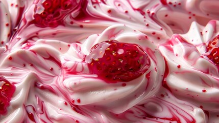 Ultra-realistic close-up of creamy yogurt with swirling strawberry jam, highlighting the smooth sheen and vibrant colors on an isolated white background, perfect for ads