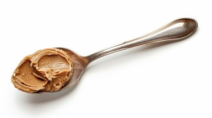 Top view of a perfectly detailed spoon of creamy nut butter, highlighting its smoothness and sheen, isolated on a white background, studio lighting