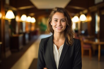 Fototapeta premium A Sophisticated Young Woman Smiling Confidently as She Stands Before the Grand Entrance of a Prestigious Language Institute, Embarking on Her Journey to Linguistic Mastery