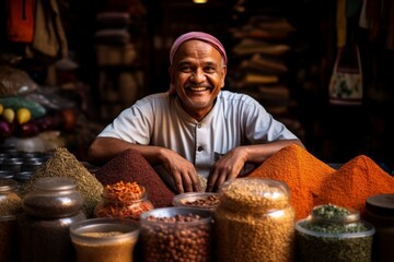 A Vibrant Portrait of a Local Spice Vendor with an Explosion of Colorful Spices from Around the World in the Bustling Market Behind