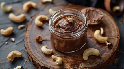 Simple yet elegant top view setup of nut paste in a jar with cashews on a wooden cutting board. Minimalist design for advertising. Clear background, balanced studio light