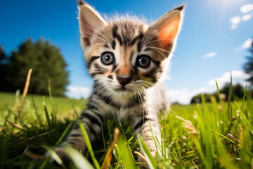 Playful Cute Kitten in Sunlit Grass