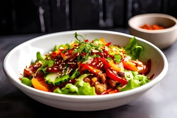 Spicy Korean salad in white bowl by concrete wall