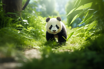 Fototapeta premium Adorable Panda Cub in a Bamboo Grove