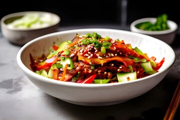Spicy Korean salad in white bowl by concrete wall