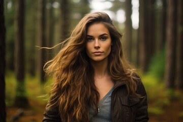 A Serene Portrait of a Young Woman Embracing the Tranquility of a Lush Pine Forest, Her Gaze Reflecting the Calm Majesty of Nature
