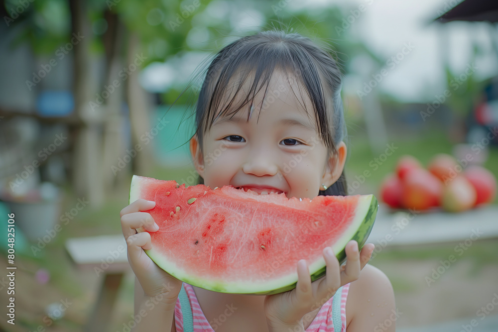 Wall mural young asian girl outdoors smiling eating juice red watermelon on outdoor blurred background