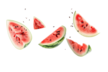 Falling juicy red watermelon slice isolated on png background