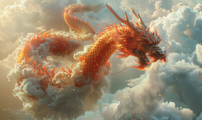 A vivid illustration of an orange dragon weaving through billowing clouds. Generate ai