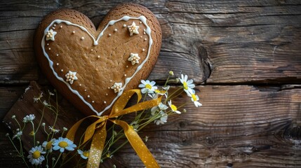 In the cozy studio setting a rustic wooden background beautifully complements a large gingerbread heart graced with a sunny yellow ribbon and delicate floral accents