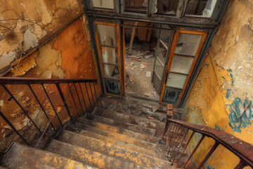 An abandoned building's staircase leading to the upper floor, captured from an overhead perspective. The scene is bathed in warm hues of orange and yellow, with peeling paint on walls