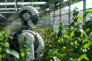 Humanoid robot taking care of plants in a modern greenhouse