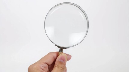 hand hold magnifying glass, isolated white background