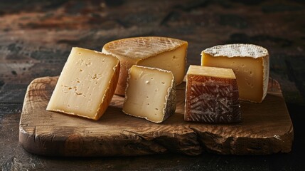 Fototapeta premium Premium cow's milk cheese assortment on a polished cutting board, spotlighted with professional studio lighting for a luxurious feel.