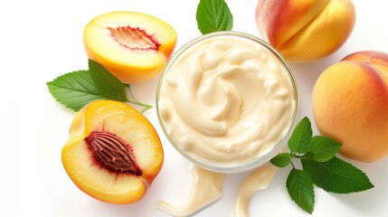 Luxurious and creamy yogurt with peach jam, captured in high detail to emphasize sheen and smoothness, on a seamless white background for ads