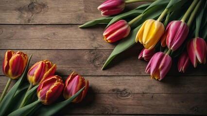 Beautiful tulips on wooden background