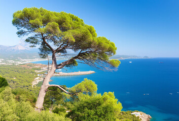 Summer coastal landscape with a majestic Aleppo pine in the foreground.