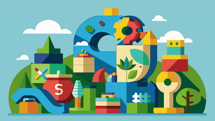 A large 3D sculpture made entirely of recycled materials representing the artists dedication to environmentalism and their autism spectrum disorder.. Vector illustration