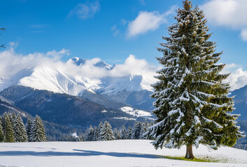 Winter mountain landscape with a majestic fir tree in the foreground.