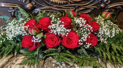 A stunning arrangement of vibrant red roses intricately interspersed with delicate white baby s breath and lush thuja leaves