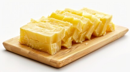 High-definition aerial shot of rich, textured butter slices on a bamboo board, isolated for clean advertising visuals.