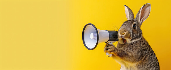 Rabbit holding speaking or alert on white megaphone against a yellow, announce and attention