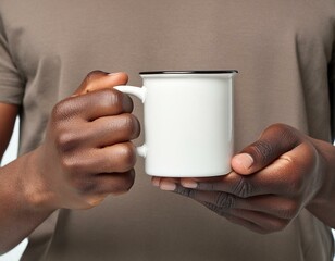 Ceramic mug mockup. Close up african-american hands holding white cup with black handle of coffee, copy space. Front view, space for branding imprint
