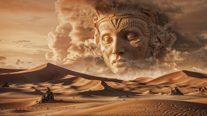 Fantasy desert dunes landscape with a gigantic stone statue head of a mythical earth elemental demi god appearing from the clouds on the horizon.