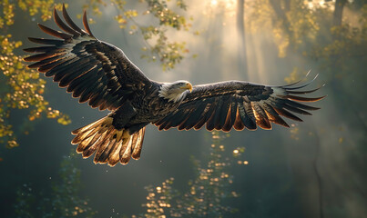 Harpy Eagle soaring with wings spread against a blurred green background. Generate AI - obrazy, fototapety, plakaty