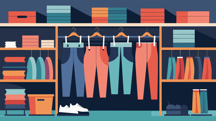 Cozy sweatpants and leggings in a variety of lengths and fabrics line the racks of this sportswear store.. Vector illustration