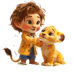 A 3D animated cartoon render of a playful lion cub saving a child from water.