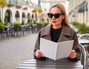 Fashion woman in sunglasses and a coat on a cold spring day sitting in a street cafe and reading a magazine with empty cover with copy space for your mockup