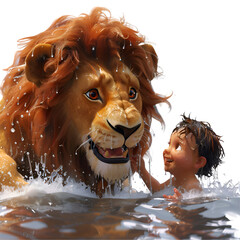 A 3D animated cartoon render of a brave lion rescuing a child from a river.