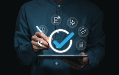 businessman working with guarantee check mark for business automation process, Service guarantee,...