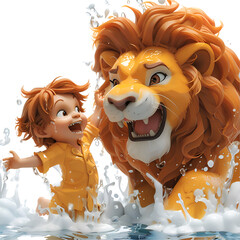 A 3D animated cartoon render of a majestic lion heroically pulling a child from a river.