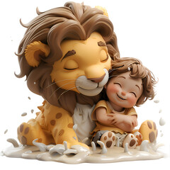 A 3D animated cartoon render of an adorable lion rescuing a young child from a river.