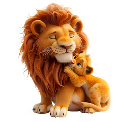 A 3D animated cartoon render of a strong lion carrying a child to safety.