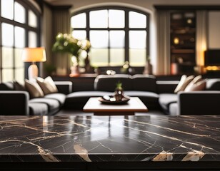 rustic dusty dark black empty marble grain shiny polished stage table blurred background, modern living room interior with fireplace