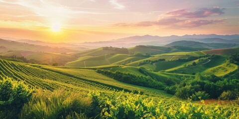 Obraz premium A beautiful sunset over rolling green hills of Tuscany, Italy. AIG51A.
