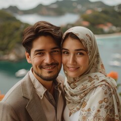 A man and a Muslim woman take a selfie using a smartphone intimately and go on a trip together while capturing the stunning natural scenery behind them