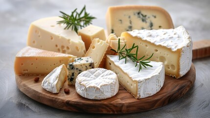 Elegant display of Camembert and other fresh cheese pieces on a wooden cutting board, ideal for showcasing dairy delights in advertisements.