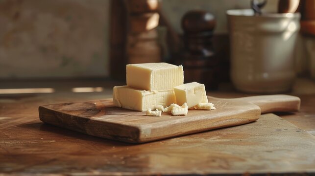 Elegant display of fresh butter cuts on a simple cutting board, under studio lights, tailored for upscale culinary magazines