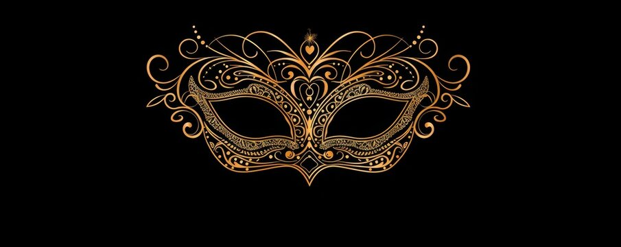 A golden eye mask for masquerade party festival isolated on black background with floral pattern art.	
