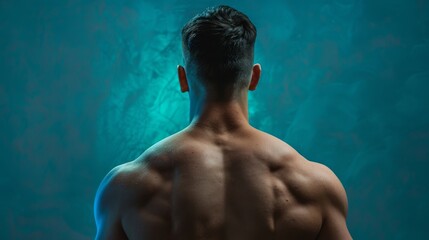 A muscular man with his back turned to the camera, showing off his well-developed back muscles. - obrazy, fototapety, plakaty