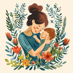 Vector Illustration Of Mother Holding Baby In Arms. Happy Mother`s Day Greeting Card