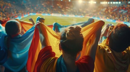 A group of women are waving flags and cheering at a sports stadium.