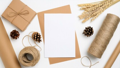Craftsman workplace mockup with craft supplies and blank A4 paper list. Twine, cones, craft paper and envelope. Top view, flat lay with copy space