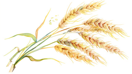 Watercolor illustration of various wheat sheaves in golden and green tones, delicately detailed, isolated on a white background.